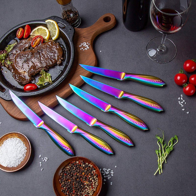 WELLSTAR Rainbow Serrated Steak Knife Set of 6, Razor Sharp German Steel Blade 4.75 inch and Comfortable Stainless Steel Hollow Handle with Titanium Coated Dinner Table Knives Set for Home Restaurant - Image 3